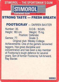 1990 AFL Scanlens Stimorol #151 Darren Baxter Back